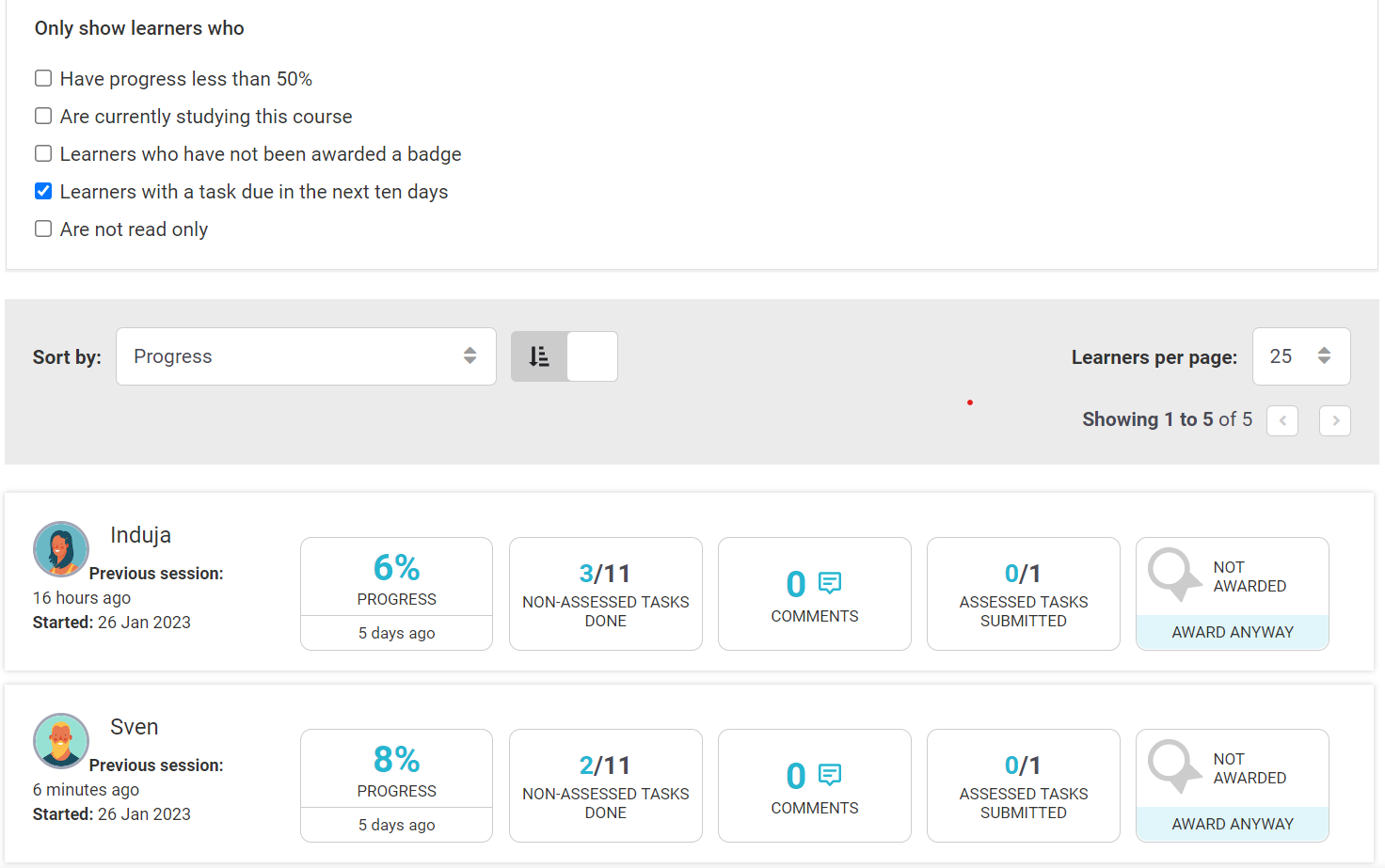 Focus facilitation actions with sort and filter