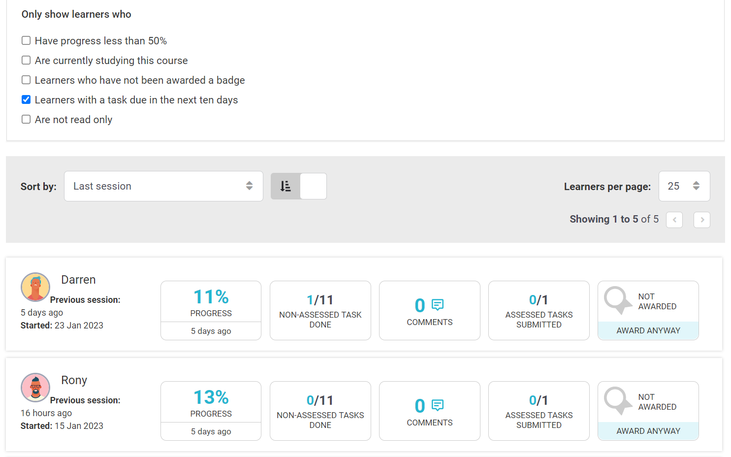 Focus facilitation actions with sort and filter