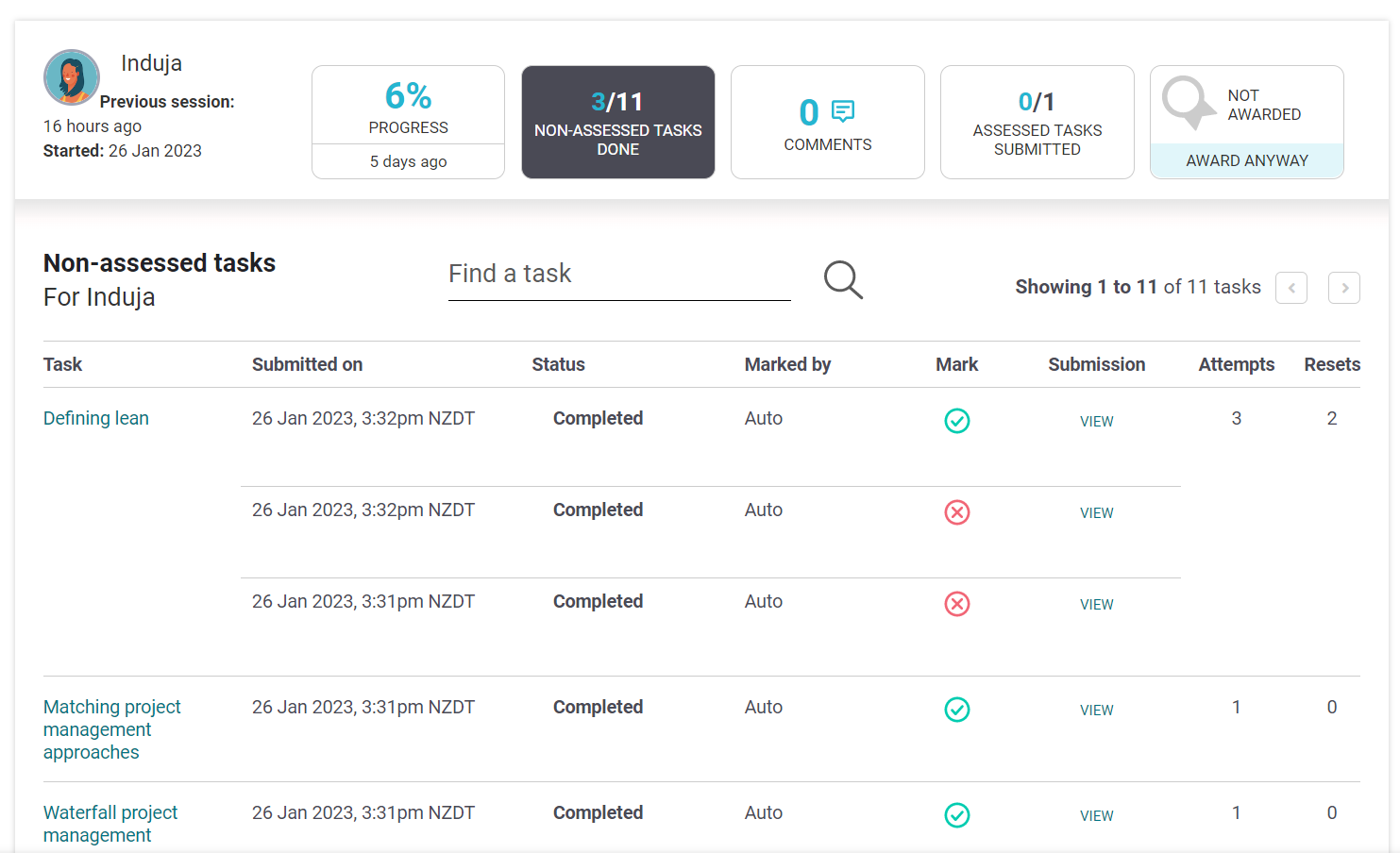 Focus facilitation actions with sort and filter