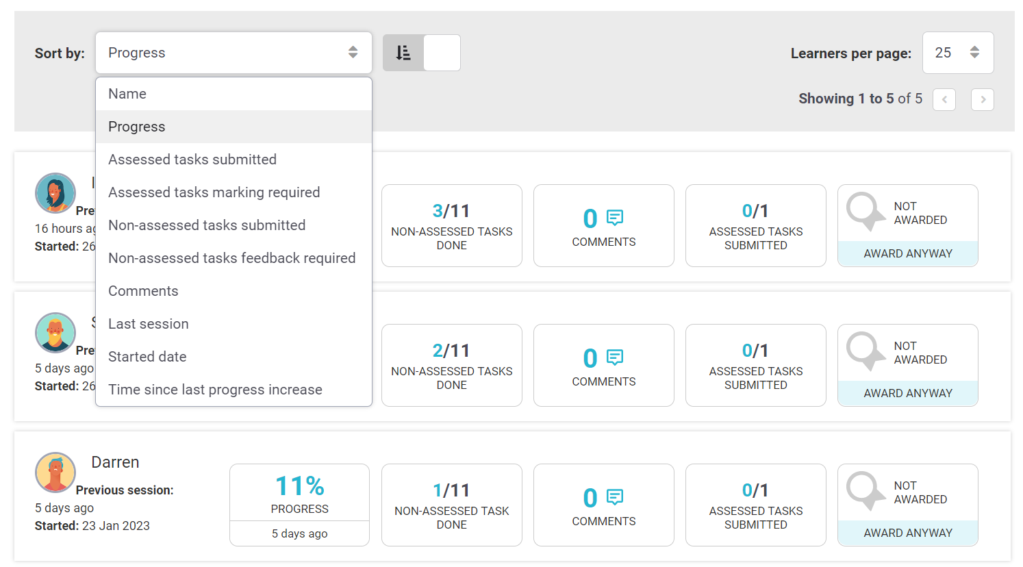 Focus facilitation actions with sort and filter