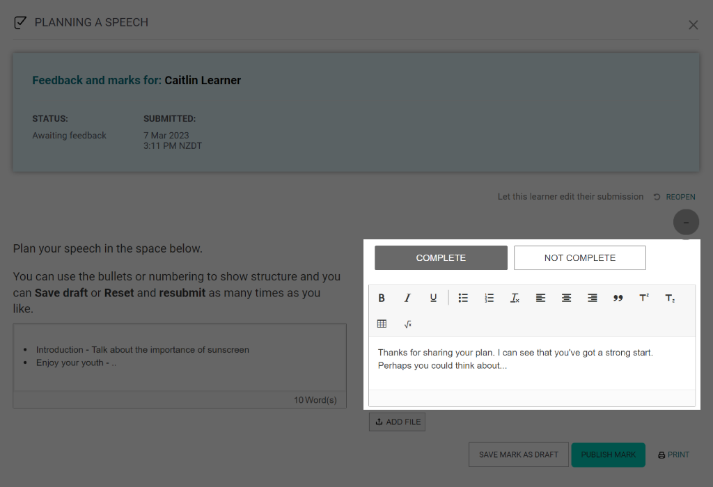 Facilitator adding written feedback to a learner's task with the learner's initial submission on the left.