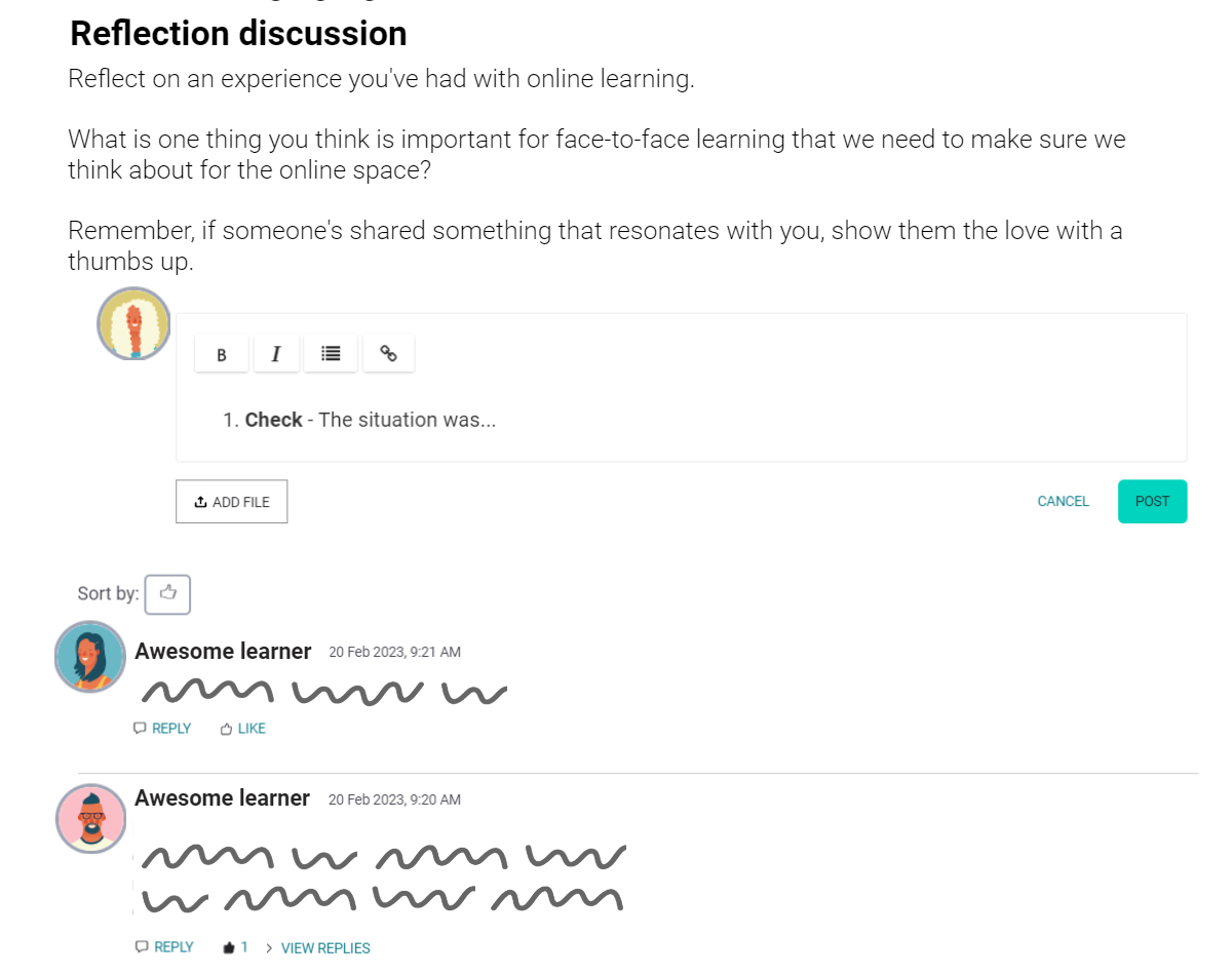 In page discussion in iQualify which asks learners to reflect on an experience of online learning.