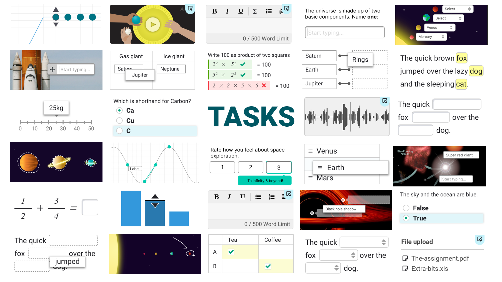 Thumbnails of our many different task types: