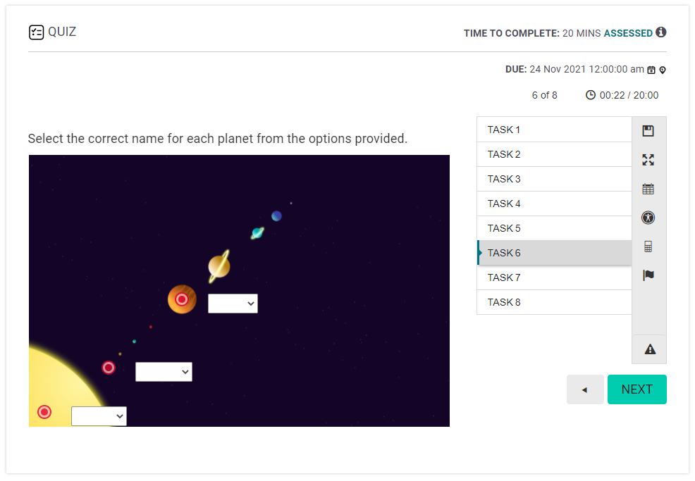 Current view is on task 6 and list to the right shows there are 8 tasks total.