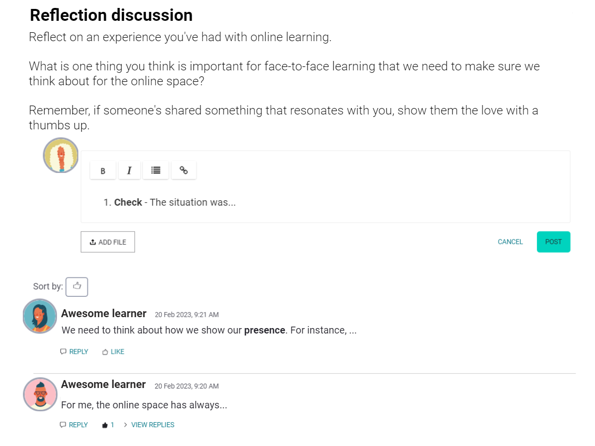 In page discussion in iQualify which asks learners to reflect on an experience of online learning.